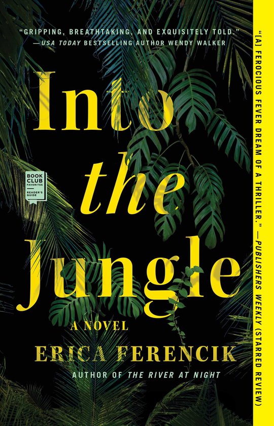 Boekomslag met de titel "Into the Jungle" in gele letters, omgeven door tropische bladeren.