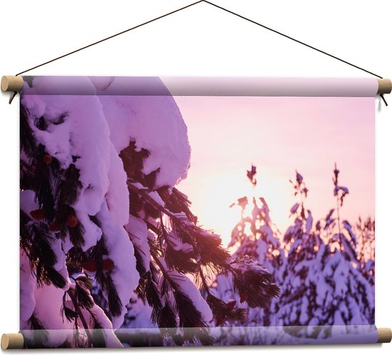 Textielposter - Rij Bomen met Dikke Laag Sneeuw tijdens de Avondzon - 60x40 cm Foto op Textiel