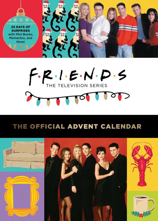 Le Calendrier de l'Avent Officiel Friends avec la distribution et des images emblématiques comme le cadre de porte violet et le canapé.
