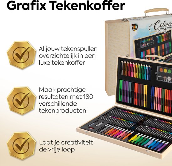 Coffret De Peinture Grafix 180 Pièces – Crayons, Feutres, Pastels, Aquarelle – Mallette Bois – Cadeau Artiste
