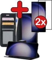 Samsung S23 Ultra Case Book Case Cover Wallet Cover Walletcase with 2x Screen Protector With Screen Protector - Samsung Galaxy S23 Ultra Cover Bookcase Case - Zwart
