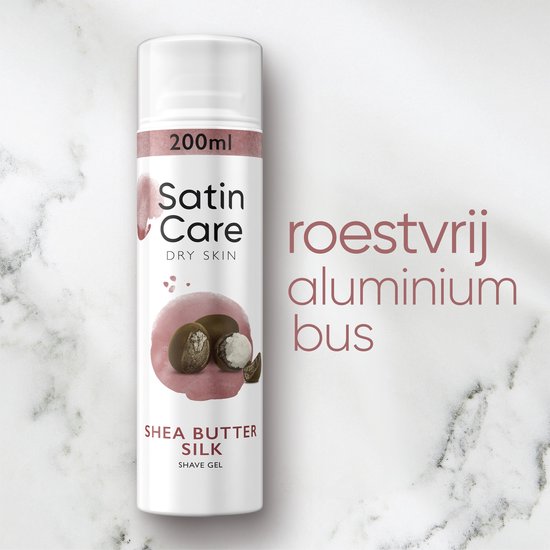 Gillette Satin Care scheergel 'Shea Butter Silk' in een bus.