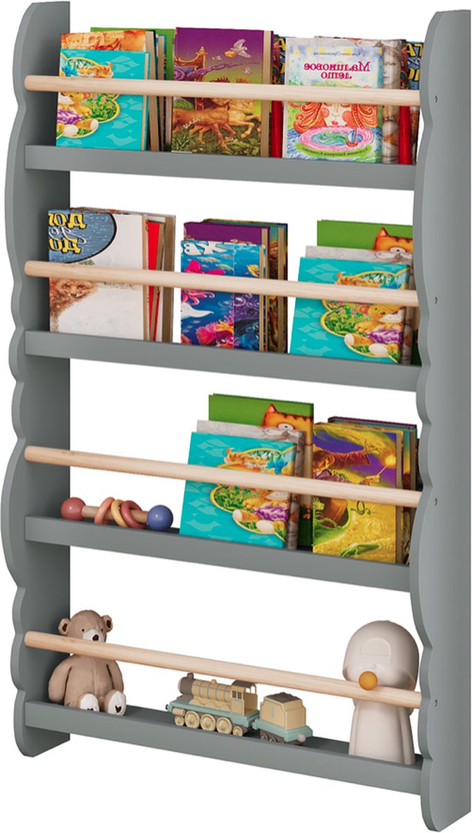 Kinder Boekenplank Wandplank Grijs | Boek Organizer 4 Planken - Boekenkast - Kinderen