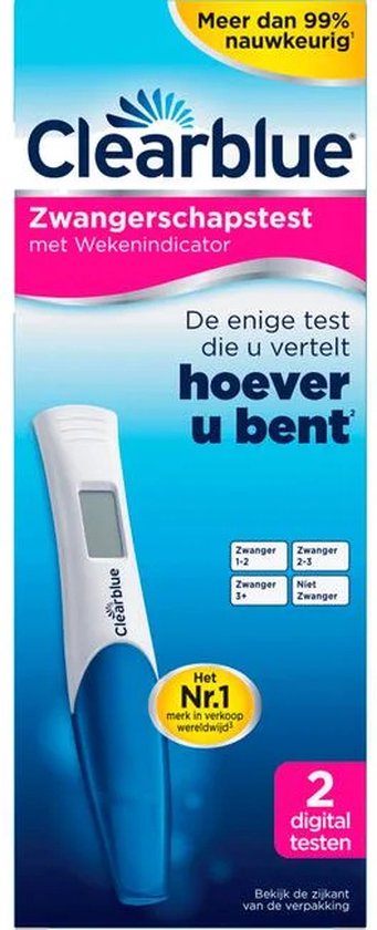 Verpakking met Clearblue zwangerschapstest met wekenindicator. Bevat 2 digitale testen.