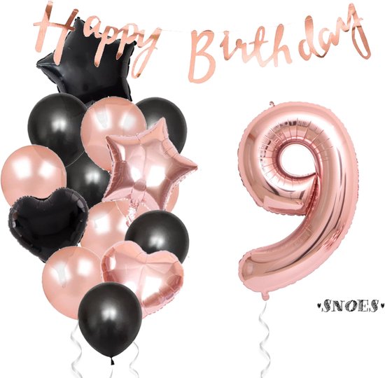 Snoes Ballonnen 9 Jaar Feestpakket – Versiering – Verjaardag Set Liva Rose Cijferballon 9 Jaar -Heliumballon