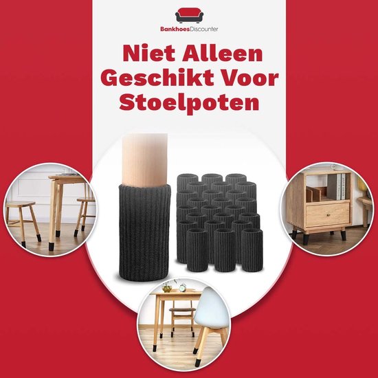 Zwarte stoelpoot sokken op stoelen en meubels. Meerdere maten zichtbaar.