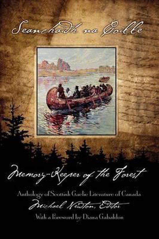 Boekomslag met een illustratie van een kano op een rivier, getiteld Seanchaidh na Coille / Memory-Keeper of the Forest.