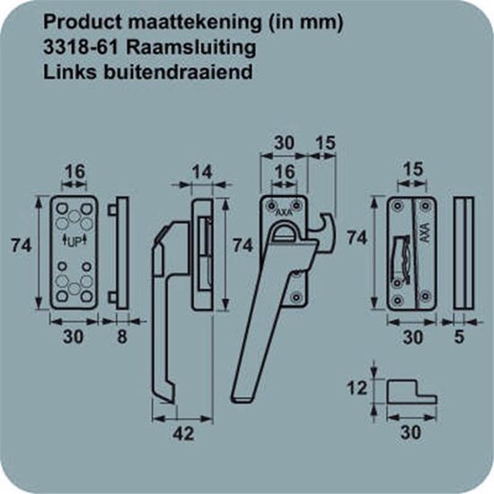 Technische tekening van een links naar buiten draaiende raamsluiting, met maten.