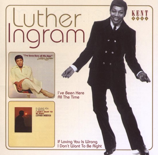 Luther Ingram in een zwart jaren 70 pak. Links een collage van twee albumhoezen.