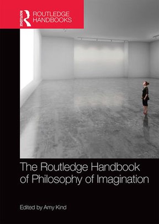 De Routledge Handbook of Philosophy of Imagination, rood met wit logo, boek met vrouw in galeriesetting.