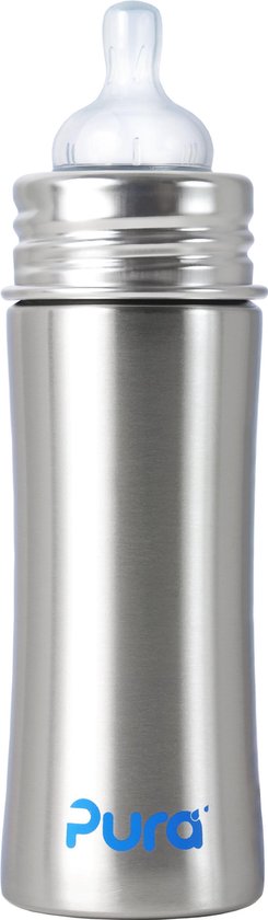 Pura Kiki Zuigfles 325 ml - Plasticvrij - Drinkfles - Voorkomt Maagkrampen - Vaatwasserbestendig - Inclusief Siliconen Reisdop en Sleeve - Veelzijdig - RVS - Zilver