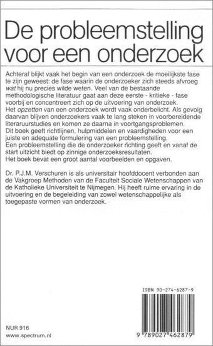 De Probleemstelling Voor Een Onderzoek - back cover