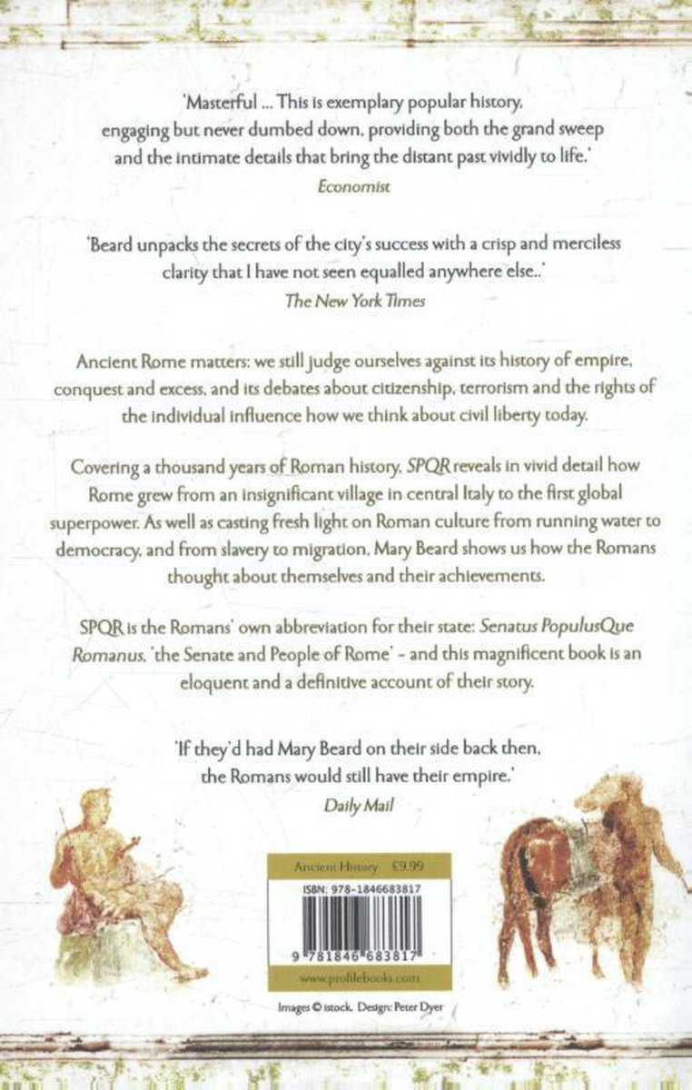 Achterkant van het boek SPQR: A History of Ancient Rome met citaten, informatie over de inhoud en illustraties van een zittend figuur en een paard.