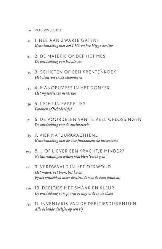 Inhoudsopgave van een boek, met hoofdstuktitels als 'VOORWOORD' en 'DE MATERIE ONDER HET MES'.