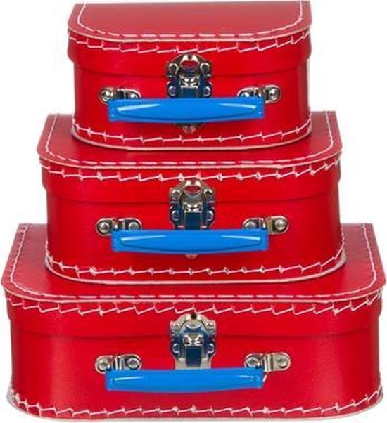 Kofferset - 3 koffers - 16-20-25 cm - Rood - Stiksel wit - Handvat blauw - Retro Vintage look