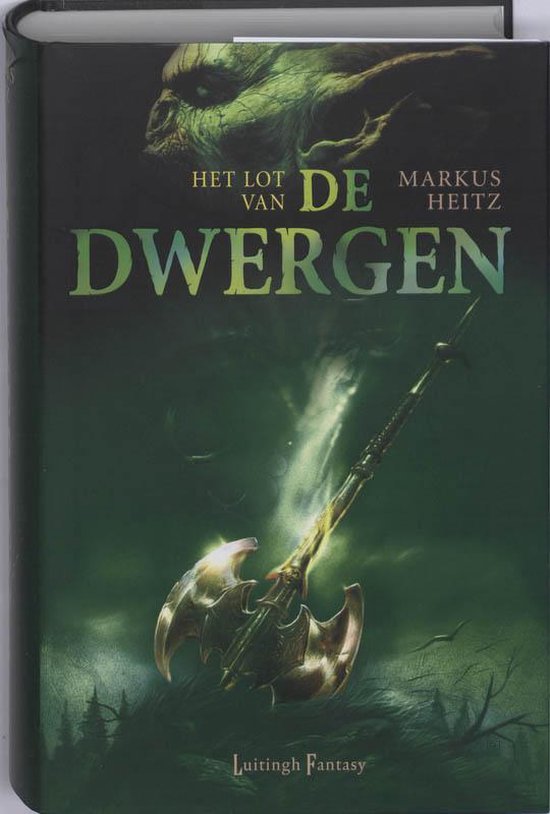 Livre "Het Lot Van De Dwergen" avec une image sombre d'un nain et d'une hache d'armes.