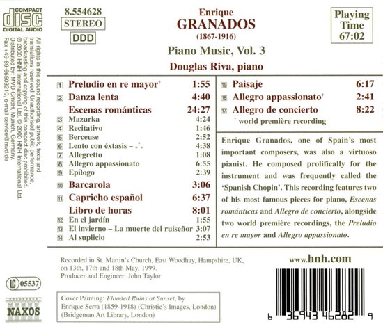 CD hoes met tracklist van Granados Piano Music Vol. 3 door Douglas Riva. Gedrukt in Duitsland.