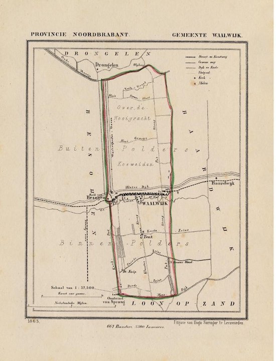 Historische kaart, plattegrond van gemeente Waalwijk in Noord Brabant uit 1867 door Kuyper van Kaartcadeau.com