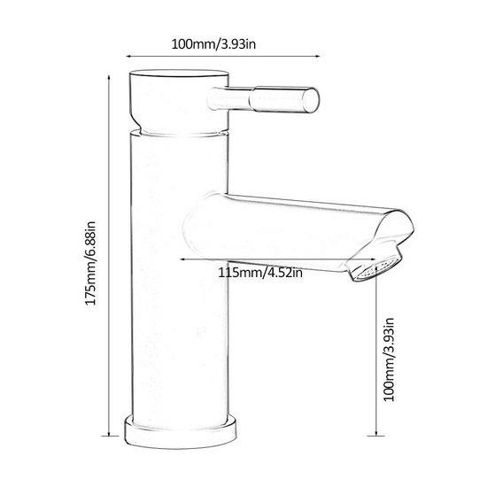 Schematische tekening van een wastafelkraan (175mm hoog, 100mm breed).