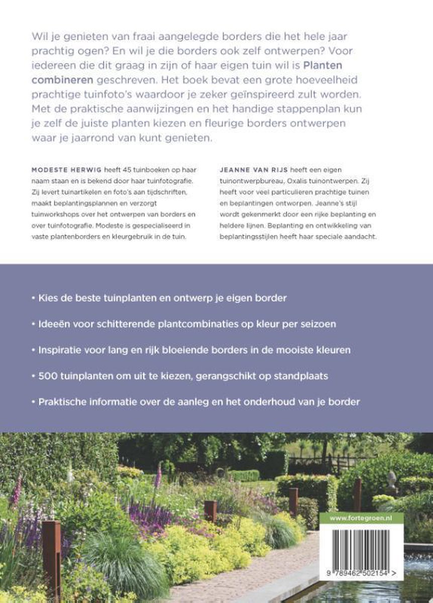 Boekcover met tekst over het combineren van planten voor prachtige borders, met uitleg over de auteurs.