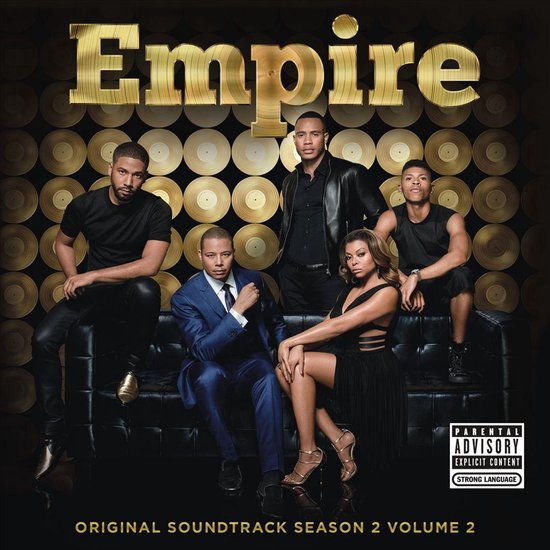 De cast van Empire, inclusief Terrence Howard en Taraji P. Henson, zittend op een bank met gouden platen op de achtergrond. Tekst: Empire Original Soundtrack Season 2 Volume 2.