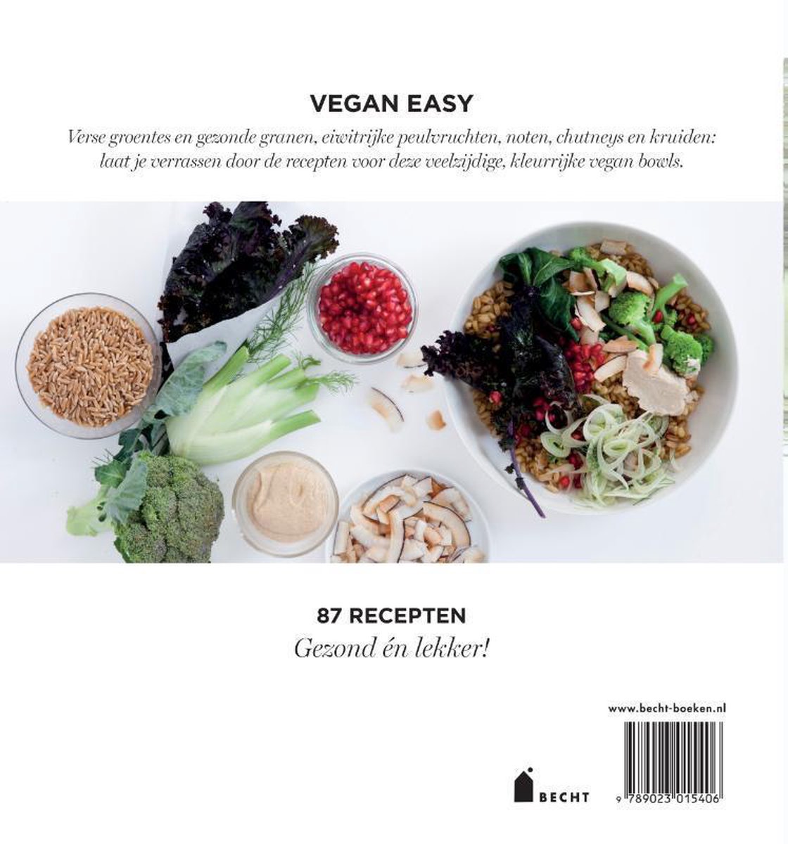 Een vegan bowl met granen, broccoli, granaatappel, kool en noten.