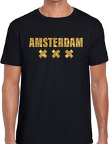 Amsterdam gouden glitter tekst t-shirt zwart heren - heren shirt Amsterdam M