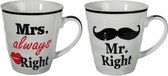 Mr Right en Mrs Always Right beker set voor hem en haar - cadeau set/gift set - Huwelijk/Bruiloft/Valentijnsdag