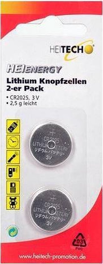 Heitech Lithium Button Cells 2 pcs, CR2025 Single-use battery 3 V
