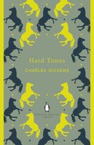 Boek kaft met silhouetten van gele en blauwe paarden op een grijze achtergrond. De titel "Hard Times" en "Charles Dickens" staan in het midden.