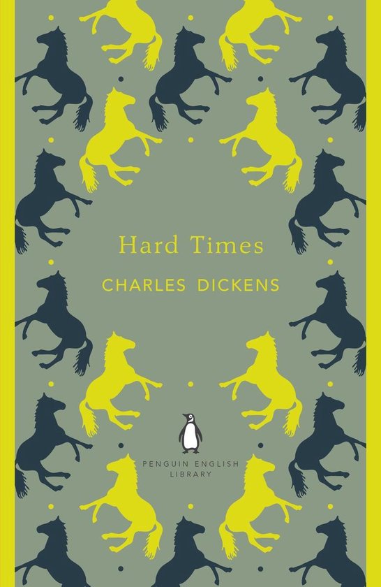 Boek kaft met silhouetten van gele en blauwe paarden op een grijze achtergrond. De titel "Hard Times" en "Charles Dickens" staan in het midden.