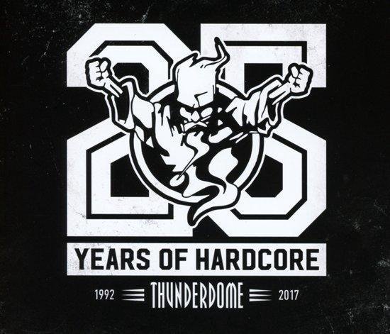 Zwart logo met '25 YEARS OF HARDCORE' en 'THUNDERDOME 1992 - 2017' in witte letters.