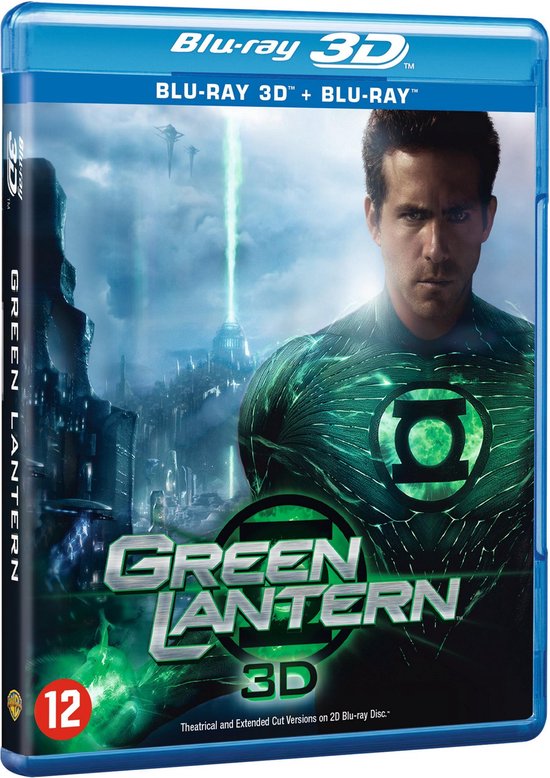 Blu-ray 3D hoes met Ryan Reynolds als Green Lantern, het logo op de borst en een stad op de achtergrond.