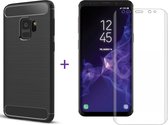 Hoesje geschikt voor Samsung Galaxy S9 - Siliconen Rugged Armor / Geborsteld TPU Zwart Premium Case (Black hoesje) + Glas PET Folie Screen Protector Transparant 0.2mm