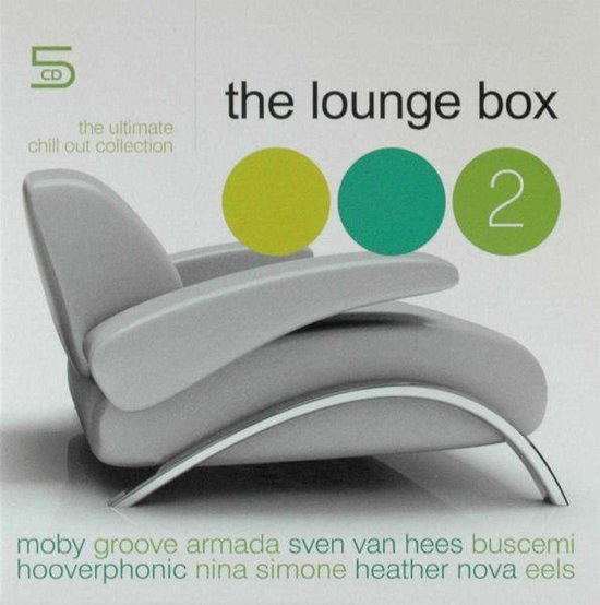 CD hoes voor 'the lounge box 2' met een grijze fauteuil en tekst in wit en groen.
