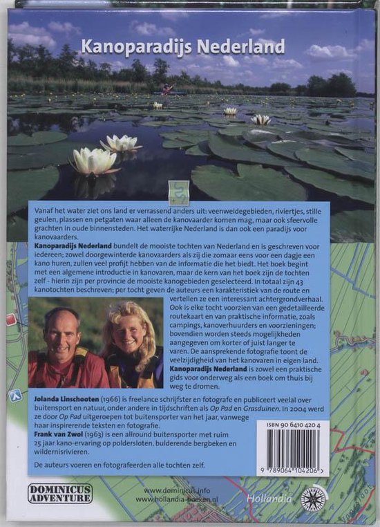 Boek "Kanoparadijs Nederland" met waterlelies op de achterflap en tekst.