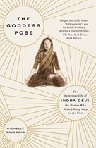Boekomslag van "The Goddess Pose" met een vrouw in een lotushouding, gekleed in een bruin-goudkleurig gewaad.