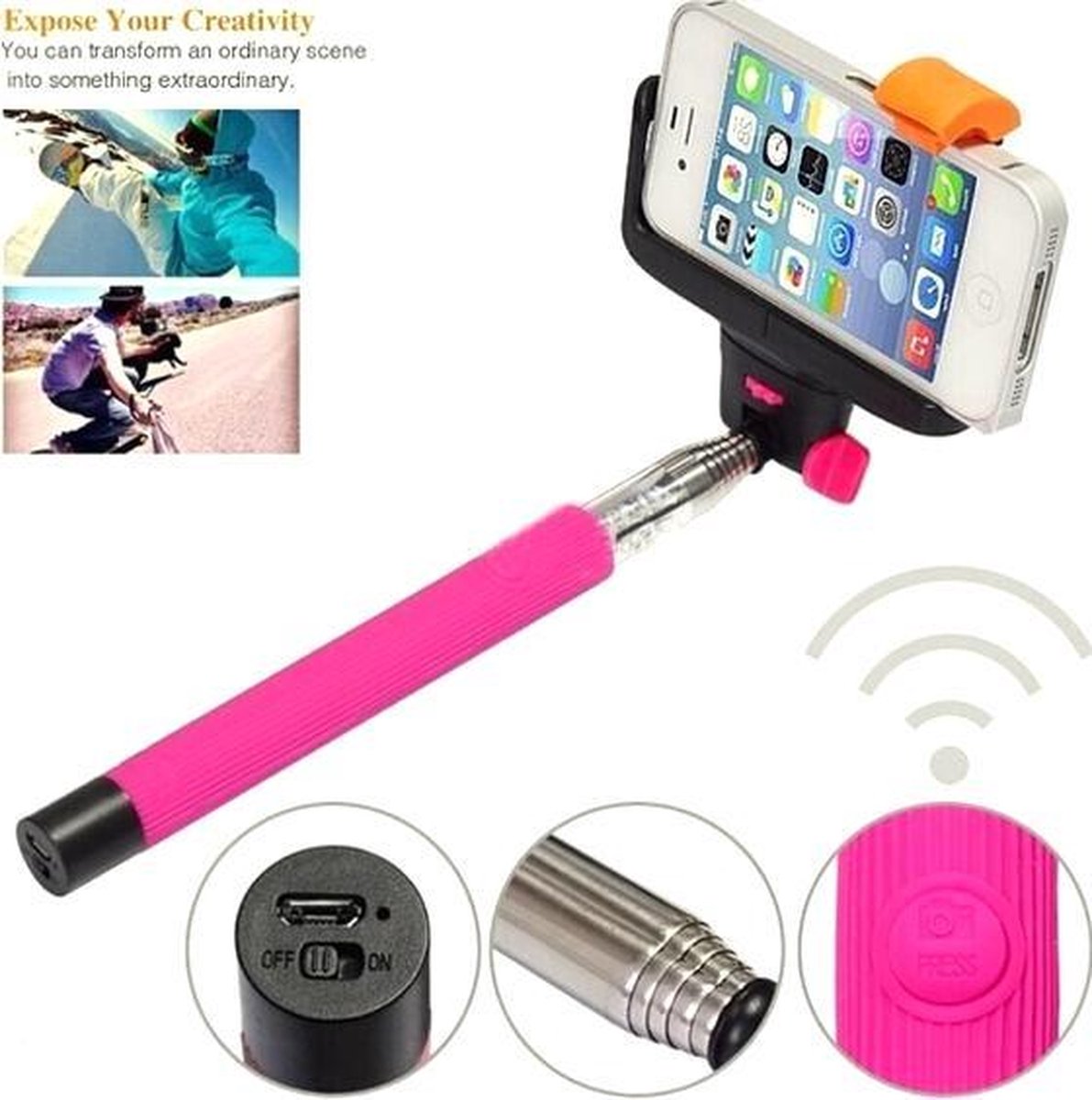 Selfiestick Monopod met ingebouwde Bluetooth Afstandbediening Roze Pink