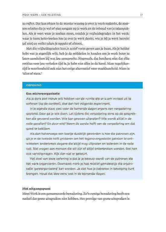 Pagina 17 van het boek 'Mooi Werk' met tekst over microorganisaties en oefeningen.