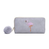 Portemonnee met Flamingo en Pompon - PU Imitatieleer - Ritssluiting - 19x10cm - Grijs