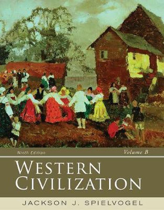 Boekhoes met schildering van mensen in traditionele kledij, dansend rond huizen, 'Western Civilization Ninth Edition Volume B'