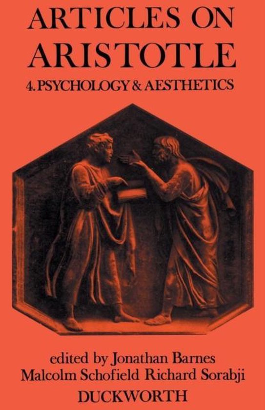 Boek 'ARTICLES ON ARISTOTLE 4. PSYCHOLOGY & AESTHETICS', met een afbeelding van twee mannen in Romeinse kledij, met de tekst 'edited by Jonathan Barnes Malcolm Schofield Richard Sorabji DUCKWORTH'.