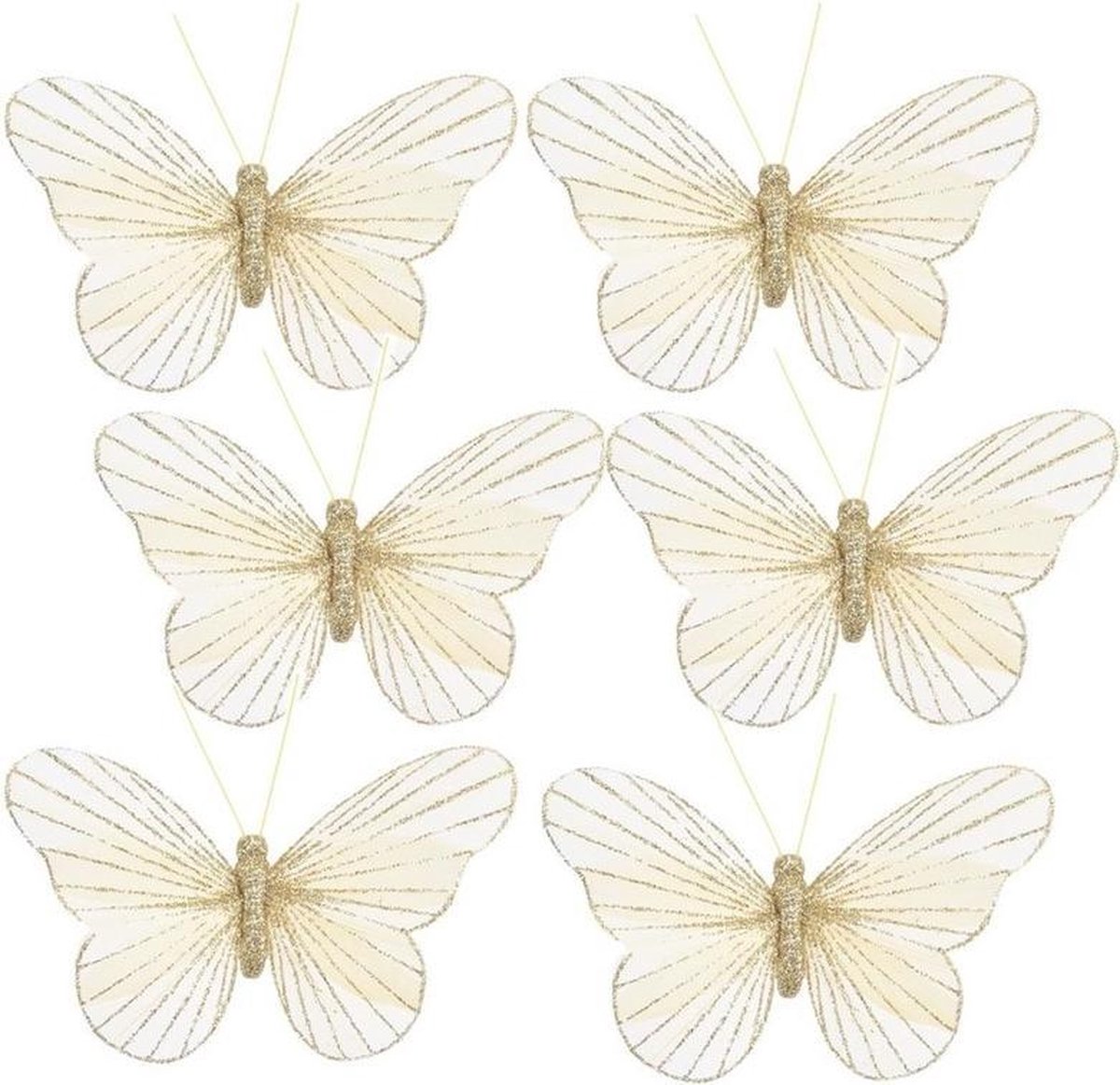 6x Kerstboomversiering op clip vlinders creme wit/goud 11 cm