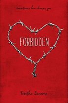 Boek 'Forbidden' met hartvormige prikkeldraad en rode achtergrond.