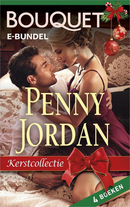 E-bundel met kerstcollectie van Penny Jordan, 4 boeken, met een man en vrouw in kerstsfeer.