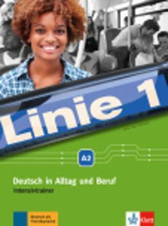 Jeune femme aux cheveux bruns frisés, souriante, portant une chemise à carreaux bleus. Texte : Linie 1 A2 Deutsch in Alltag und Beruf.