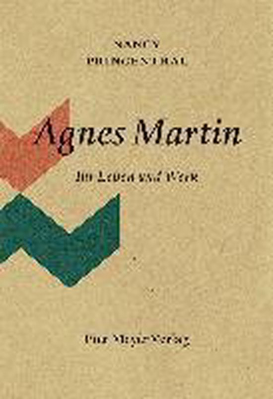 Boekhoes 'Agnes Martin' met rode en groene zigzag-vormen op beige achtergrond. Titel: Agnes Martin, Ein Leben und Werk. Auteur: Nancy Prungenral.