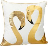 Sierkussen flamingo wit met 2 gouden flamingo's  45 x 45 cm