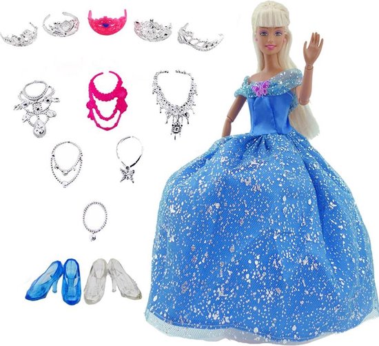 Blauwe prinsessenjurk met accessoires voor barbiepop - jurk, kroon, ketting,  schoenen... | bol.com
