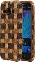 Bruin Geweven Hout Design TPU Cover Case voor Samsung Galaxy J1 2015 Hoesje